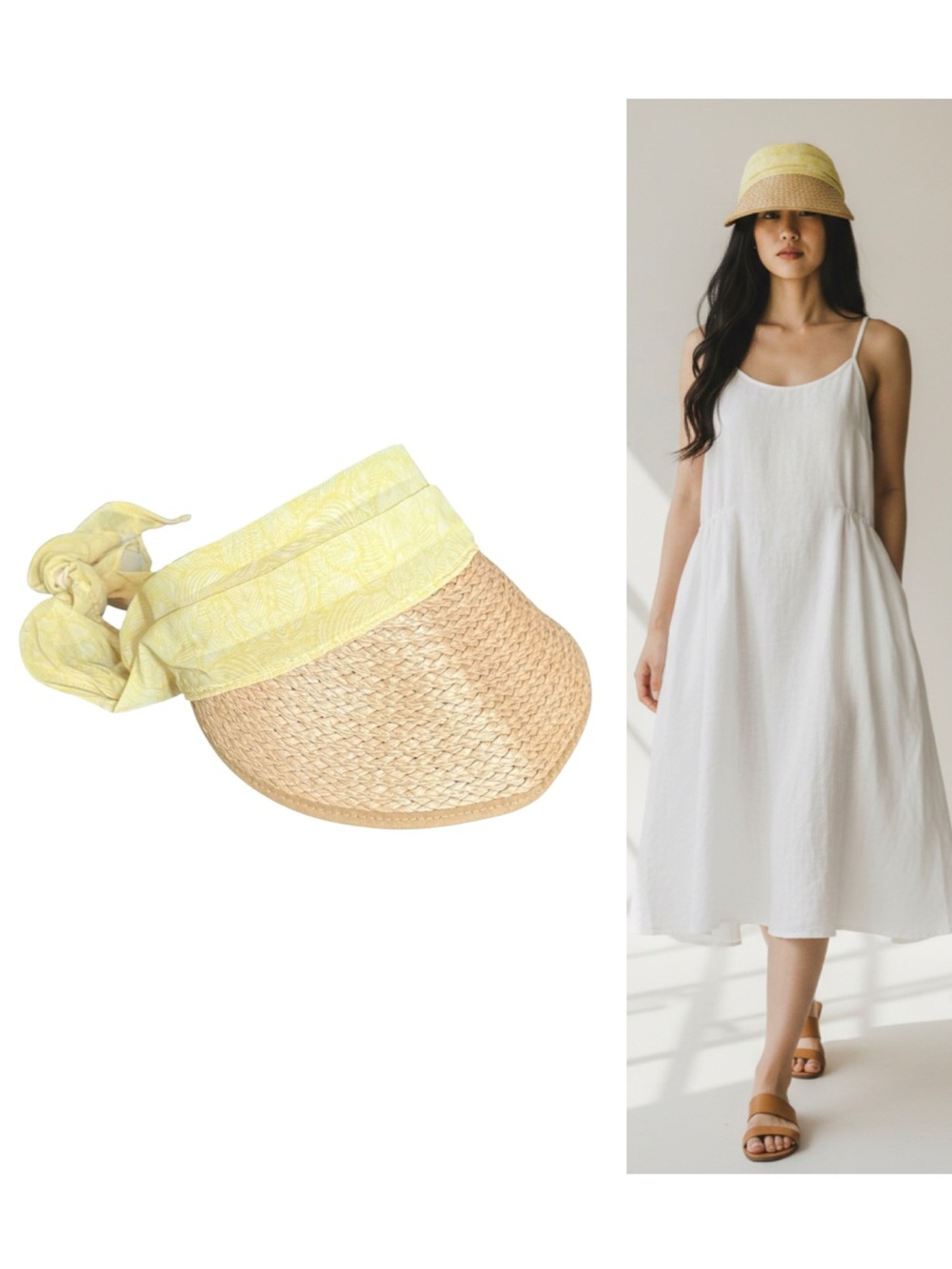 NEW Woven Straw Sun Visor Wide Brim Packable Tie-Back Hat Yellow Summer Beach